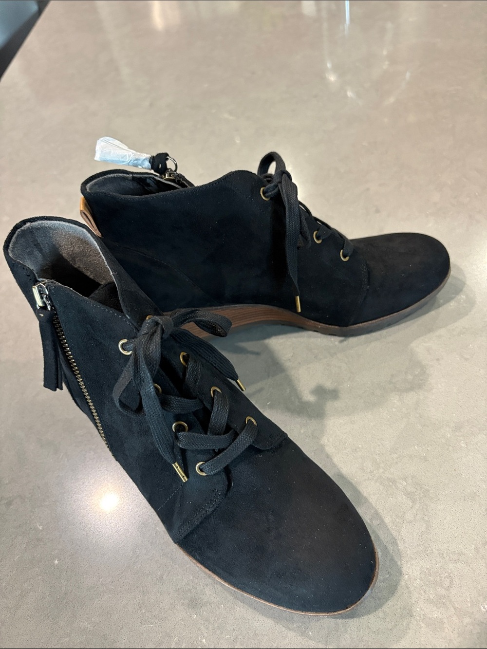 Dr. Scholl's Black Suede Lace-Up Ankle Boots with Gold Accents